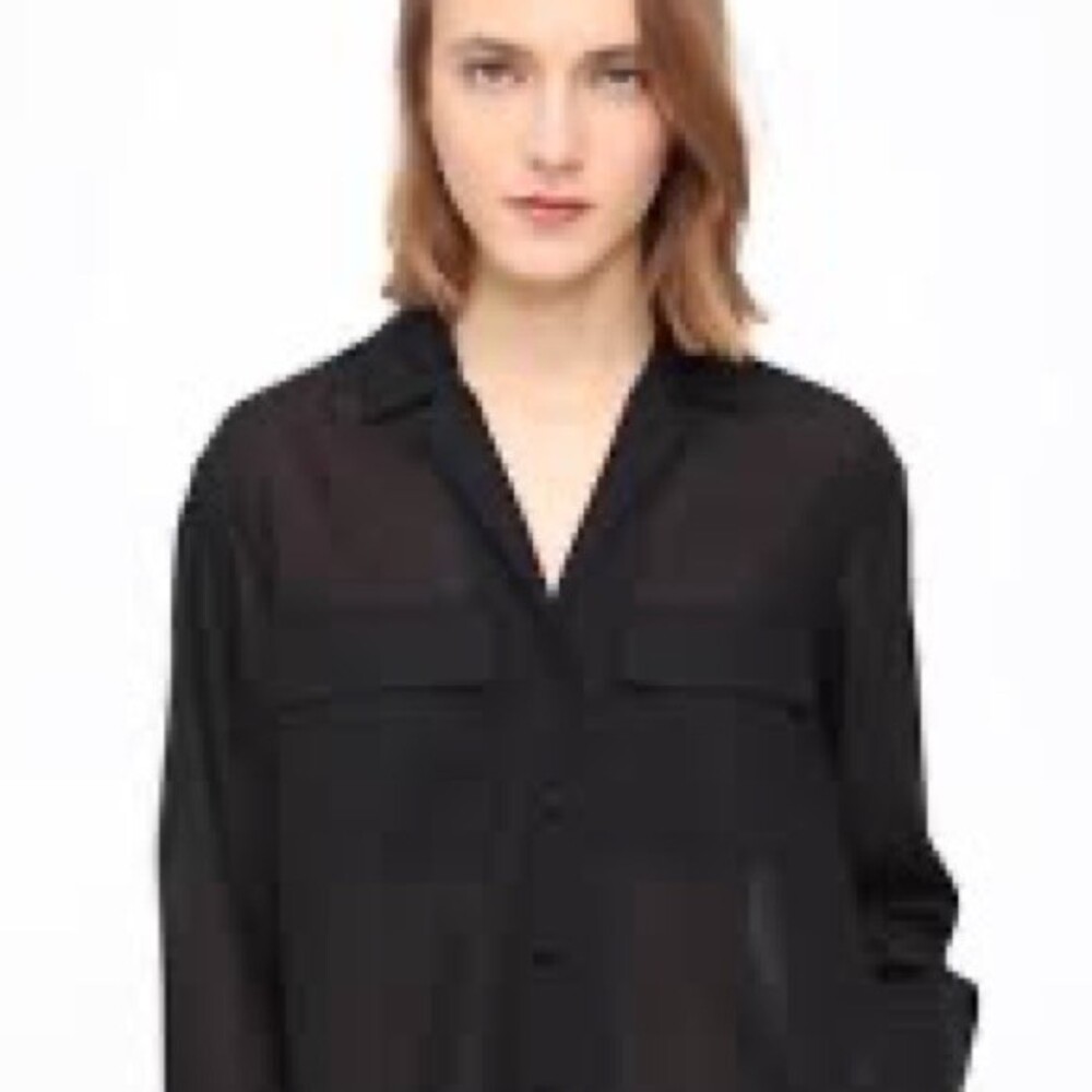 New Sheer Black Split Neck Breast Pocket Blouse